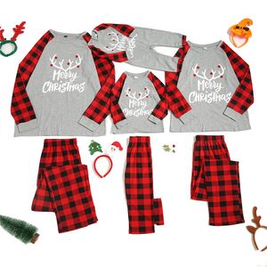 2020 New Family Parent-child Clothes European And American Round Neck Printed Check Antler Long Sleeve Pajamas Set