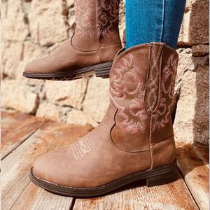 Platform Women Boots Embroidered Winter PU Leather Boots Woman Round Toe Low heels Western Cowgirl Ladies Booties