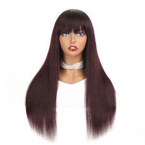 Natural Human Hair Non Lace Wig 1B 99J Colored Malaysian Remy Straight Glueless Wigs With Bangs For Black Women Cheap Burgundy Ombre Wig