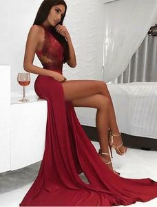 Bordo Gelinlik Modelleri Mermaid Halter Boyun Dantel Parti Maxys Uzun Balo Elbise Yüksek Yarık Seksi Abiye Robe de Soiree