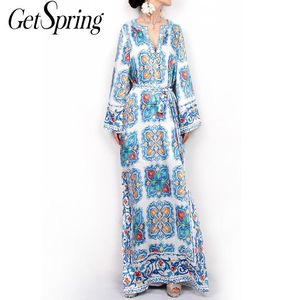 GetSpring Women Dress Summer Maxi Dress Print Chiffon Dresses v Neck Long Sleeve Roose Split Bohemia Bohe Boho Floral Plus Siz274a