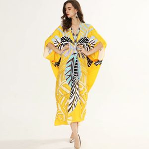 Women's Runway Dresses V Neck Batwing Sleeves Ruched Picked Up Printed Loose Design Elegant Holiday Long Dresses