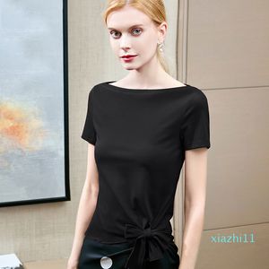 뜨거운 판매 티셔츠 여성 반팔 패션 여름 2020 새로운 티셔츠 밑단 나비 넥타이 스트랩 솔리드 컬러 탑 여성 크기 S-2XL