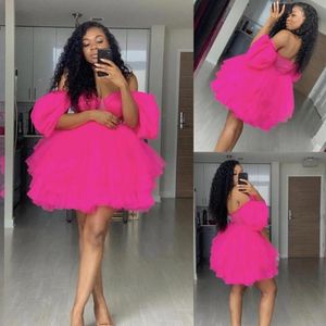 African Fuchsia Off Shoulder Mini Homecoming Dresses Short Sleeves Short Party Dresses Robe De Soiree Puffy Tulle Prom Cocktail Dresses L26