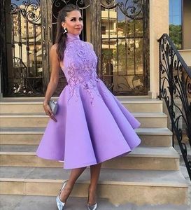 Light Purple High Neck Tea Length A Line Cocktail Dresses Satin Lace Appliqued Short Prom Evening Gowns Homecoming Dresses vestidos cortos