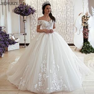 Jieruize Luxury Lace Appliques Bröllopsklänningar från axelns spets upp Tillbaka Bröllopsklänningar Brudklänningar Robe de Marie