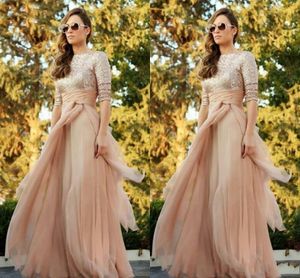 Champagne Sparkly Sequined Top Long Sleeves Evening Gowns A Line Ruffles Sweep Train Crew Neck Prom Dress