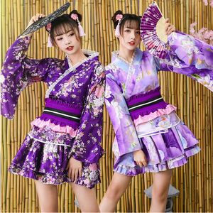 Japonês meninas florais Halloween Costume Anime Cosplay Uniform Mulheres temático do partido Outfit Sexy roxo Sakura Kimono Fancy Dress