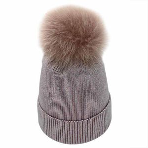 de 2020 fio de prata Bling Gorros Mulheres Hat real Fur Pom Pom malha Gorro Feminino Beanie Hat Pompom Festival de Inverno Bonnet Caps