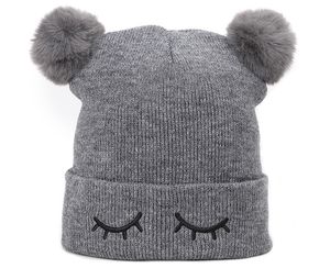 Children Wool Hats Blinking Bear Embroidery Double Hair Ball Boys And Girls Baby Warm Beanie Cover Hat 6 Colors