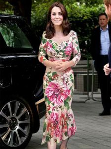 Princess Kate Middleton Flower Print Maxi Mermaid Dress Pleated Dresses