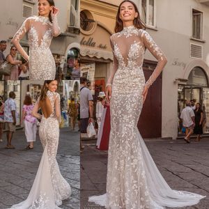 Berta Illusion Långärmad sjöjungfru Bröllopsklänningar 2021 High Neck Backless Luxury Lace Applique Outdoor Bride Dress Vestido de Noiva