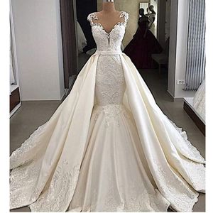 Vintage Detachable Lace Wedding Dress 2020 Bridal Gowns Custom Made Puffy Hemline Mermaid Applique Custom Made robe de mariée