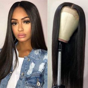 ブラックレースフロントウィッグ合成黒人女性Glueless Middle Part Soft Silky Straight Strieg耐熱性ガラス