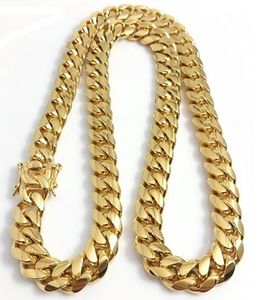 18K guldpläterat roststål 10 mm 12 mm 14 mm polerat Miami Cuban Link Halsband Herr Punk Curb Chain Dubbel säkerhetslås 18 tum-30 tum