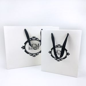 Custom Luxury Printed White Packaging Commercial Gift Väskor, Boutique Shopping Paper Bag