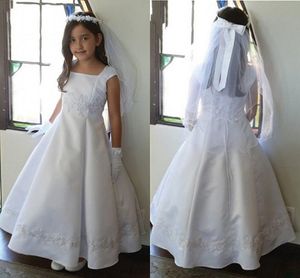 Basit Ilk Communion Elbiseleri toptan satış-Düğünler Ayak bileği uzunluğu AYDINLATMA Çocuk Doğum Günü Partisi Abiye Pageant ilk komünyonu Elbise AL7030 için basit Saten Çiçek Kız Elbise