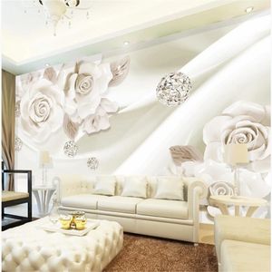 Papel de parede personalizado para paredes Wallpapers de flor tridimensional brancos da parede em relevo