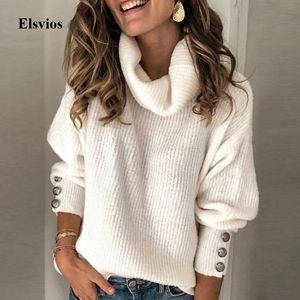 Casual Turtleneck Varm Stickad tröja Höst Vinter Långärmad Pullover Toppar Eleganta Kvinnor Rivet Button Jumper Pull Femme 5XL Y200819