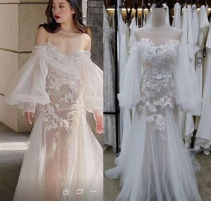 2021 Söt Baklösa Boho Beach Bröllopsklänningar Sexig Illusion Mermaid Blommor Lace Bröllopsklänningar Full Puff Sleeves Appliques Brudklänning