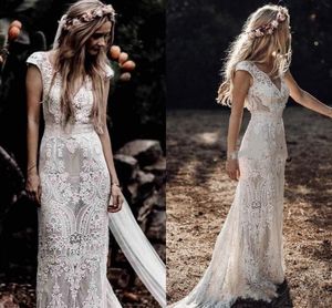 Czeski Szydełka Bawełniana Koronki Syrenki Suknie Ślubne Suknie Ślubne Suknie Przylądek Rękawy 2022 HPPIE Styl Beach Boho Country Vintage Bride Dress Sexy Backless