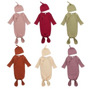 Baby Solid Sleeping Bags Caps Sets Infants Long Sleeve Swaddling Newborn Cotton Blanket With Hat 2Pcs Set M2823