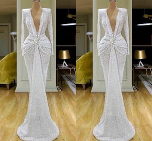 Glitter Mermaid Evening Dresses V Neck Beaded Crystal Långärmad Sequined Formal Dresses Party Gowns Prom Dress Evening Wear Cople