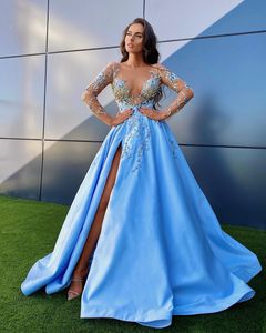 2020 Arabiska ASO EBI LACE POADE SEXY ENTHING High Split Prom Dresses Sheer Neck Formal Party Second Reception GOWNS ZJ055