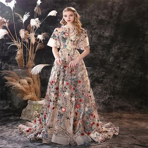 Newest Floral Evening Dresses Embroidery 3/4 Long Sleeves Ruched Ruffles Sweep Train Formal Prom Dress Custom Made Chic A-line Party Dress