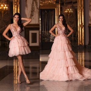 Pink A-line Evening Dress Sexy V-neck Appliqued Formal Prom Dress Hot Sale Tiered Tulle Sweep Train Custom Made Runway Fashion Dress