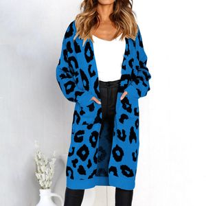 Осень Женщины Свитера Leopard Длинные свитера кардигана вскользь Свободные трикотажные свитера Женщина Outwear пальто зимы Tops Плюс Размер XL