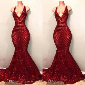 Bling Arabic Mermaid Dark Red Sequined Lace Evening Dresses Wear Deep V Neck Sequins Illusion Sweep Train Open Back Prom Dress Party Gowns