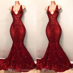 Bling arabisch mermaid dunkelrote spitzen spitze abendkleider tragen tiefe v necke pailletten illusion fege Zug offener Abschlussballkleider Partykleider