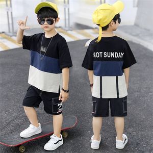 10 12 Anos Crianças Roupas Verão Boys 'Tracksuit Color Stitching T-shirt T-shirt Outfit Teenage Sport Terno para meninos conjuntos de roupas