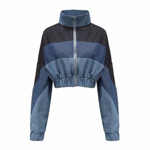 Zip Up Kırpılmış Denim Ceket Kadınlar Uzun Kollu Sonbahar Mont Kadın Turn-down Yaka Patchwork Kırpma Kot Ceketler Kadın Dış Giyim