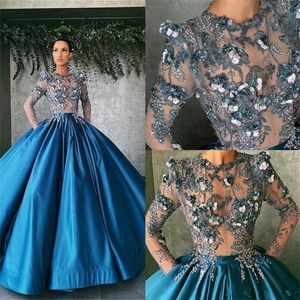 Custom Made Ball Gown Prom Dresses Sheer Long Sleeves Lace Appliqued Beading Evening Gowns Elegant Vestidos Longo
