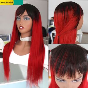 Highlight Red Ombre Human Hair Natural Wig Straight Malaysian Remy Braided Wigs With Bangs Colored 1B Red Glueless Front Wig With No Lace