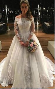 Eine Linie Elfenbein Brautkleider Brautkleider 2021 Herbst Frühling Hübsche Spitzenapplikationen Illusion Lange Ärmel Elegante Robe de Mariage