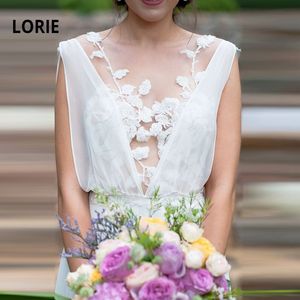 Lorie أنيقة شاطئ أثواب الزفاف 2019 جديد الرباط appliqued أكمام ألف خط بوهو فساتين الزفاف العروس حزب أثواب مع القطار