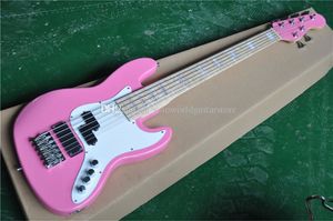 6 Strings Pink Body Electric Bass Guitar with White Pearl Inlay,Chrome Hardware,Maple Fingerboard,Can be customized