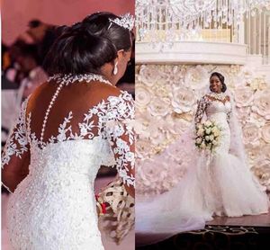 Luksusowe kryształy Suknie ślubne syreny ślubne suknie ślubne długi pociąg aplikacji kwiatowy koronkowy złudzenie z koralikami pełne rękawy afrykańska sukienka panny młodej