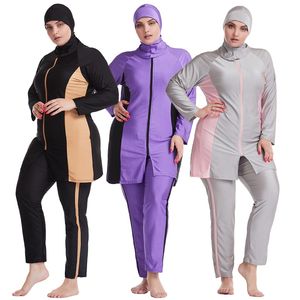 Muslim Swimwear Hijab Muslimah Islamic Swimsuit Full Cover Zipper Patchwork Burkini Plus Size