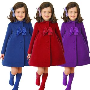 Crianças de grife garotas garotas grandes casacos de arco de inverno criança menina vermelha arco de lã de lã de lã
