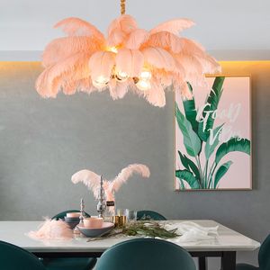 Nordic Light Luxo criativa Roupa Ctore G9 Todos Copper LED Candelabro Princess Romantic Quarto Ostrich Feather Lâmpada de suspensão