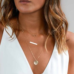 Bohemian Gold Color Chain Circle Long Bar Pendant Halsband Multilayer Choker Halsband för kvinnor Collier Femme Fashion Smycken