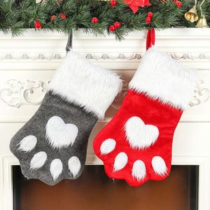 Julfest Hundkatt Paw Stocking Hängande Strumpor Träd prydnad Inredning Hosiery Plush Xmas Socks Kids Present Candy Bag