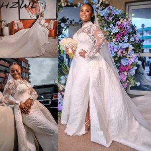 Afrikanska Lace Mermaid Bröllopsklänningar High Neck Långärmad Muslim Bröllopsklänning Avtagbar Tåg Vestidos de Novia Plus Storlek Bröllopklänningar