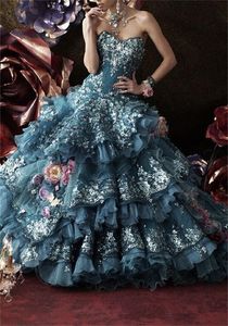 Vintage 3d Kwiat Quinceanera Dresses Zroszony Aplikacja Losted Ruffles 2021 Formalna Prom Party Sweet 16 Dress