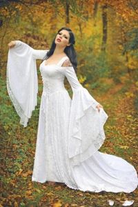 Расклешенные длинные рукава Винтажные свадебные платья трапециевидной формы Белое черное кружево Виктория Готические свадебные платья Корсет на спине невесты Второй прием304e