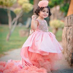 Прекрасное розового бисер цветок девочка платье 2021 рукава Puffy юбка Sweep Поезд Девушка Pageant платье Kids Party Celerity платье